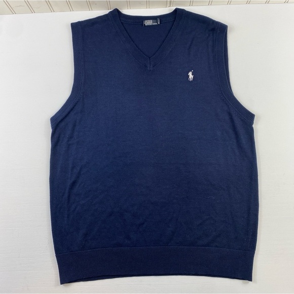 Polo Ralph Lauren Men's V Neck Navy and‎ White Cotton Vest Shirt Sz L - Picture 2 of 10